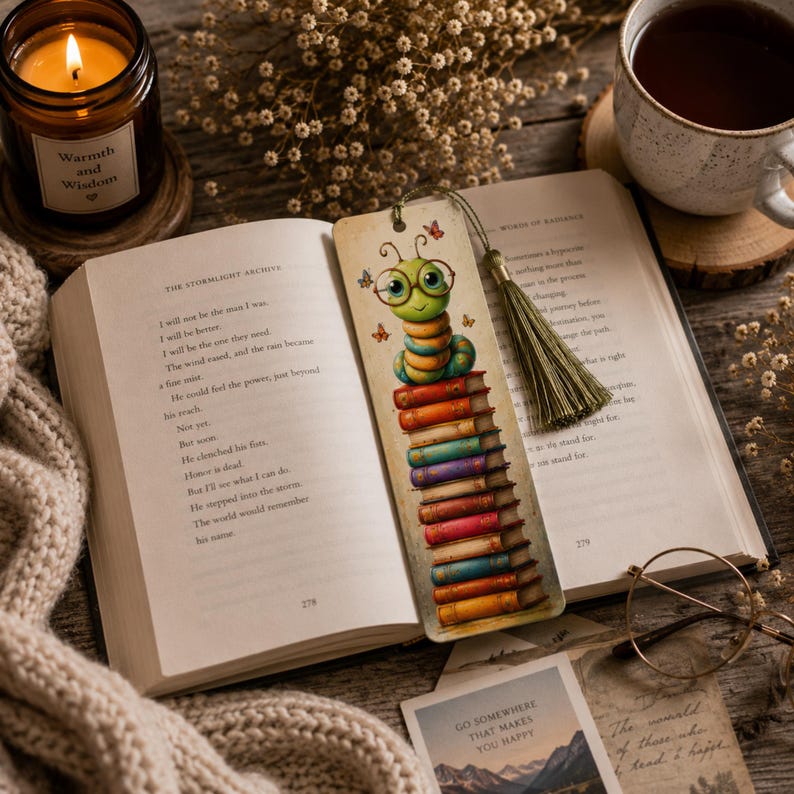 Cute Whimsical Bookworm Bookmarks, Printable Bookmark PNG, Kids Reading Craft, Bookmark Gift Idea, Fun Bookmark Sublimation Designs image 2