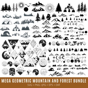 MEGA PACCHETTO montagna e foresta geometrica, montagna svg disegnata a mano, albero della foresta svg, avventura all'aperto svg, paesaggio svg, montagna foresta