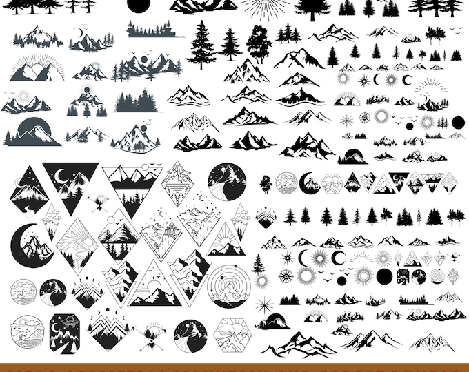 Featured listing image: MEGA Geometric mountain and forest BUNDLE, Mountain svg hand drawn, Forest Tree svg, outdoors adventure svg, landscape svg, Mountain Forest