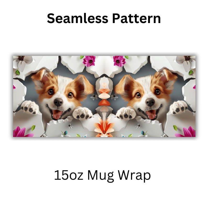 May include: A seamless pattern featuring two brown and white dogs peeking through a cracked wall with pink, white, and yellow flowers. The pattern is suitable for a 15oz mug wrap.