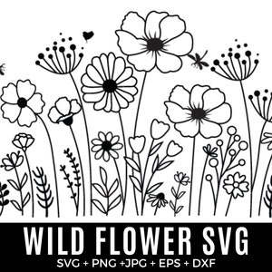 Pacote de flores silvestres Svg, Borda de prado de flores Svg, Borda de flores SVG, Buquê de flores minimalista, Clipart de flores silvestres