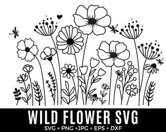 Wildblumen Bundle SVG, Blumenwiese Rand SVG, Blumenrand SVG, minimalistischer Blumenstrauß, Wildblumen Clipart