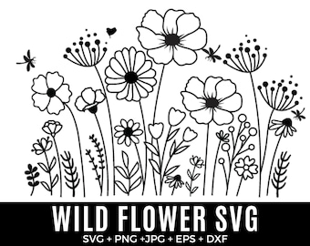 Paquete de flores silvestres Svg, borde de prado de flores Svg, borde de flores SVG, ramo de flores minimalista, clipart de flores silvestres