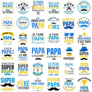 May include: A collection of thirty circular and rectangular graphic designs featuring blue, yellow, and black text and icons celebrating fathers. The designs include phrases like Meilleur Papa du Monde, Papa le plus fort, and Super Papa with mustache, crown, and tool motifs.