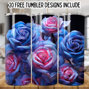 3D blauwe rozen 20 oz magere beker wrap, 3D-bloemen 20 oz beker sublimatie ontwerpen, rozen beker wrap, boho bloemen beker, boho bloemen png