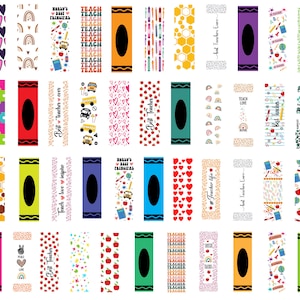 K&ouml;nnte beinhalten: Ein Satz von 24 druckbaren Malkreiden-Verpackungsdesigns mit verschiedenen Mustern und Texten, darunter "Bester Lehrer aller Zeiten", "Lehre Liebe Inspiriere" und "Weltbester Lehrer".