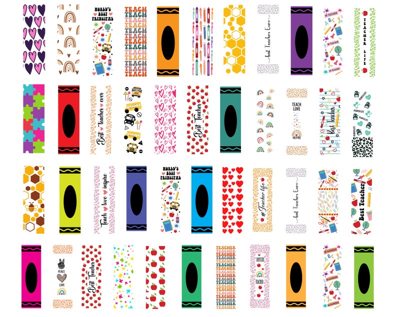 K&ouml;nnte beinhalten: Ein Satz von 24 druckbaren Malkreiden-Verpackungsdesigns mit verschiedenen Mustern und Texten, darunter "Bester Lehrer aller Zeiten", "Lehre Liebe Inspiriere" und "Weltbester Lehrer".