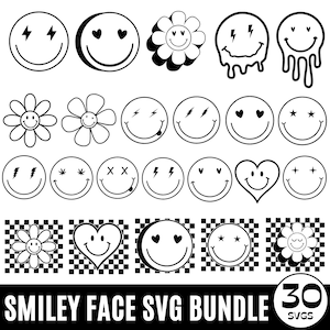 Puede incluir: Un conjunto de 30 archivos SVG de caritas sonrientes en blanco y negro. Los diseños incluyen varias expresiones, como corazones, estrellas, rayos y flores.
