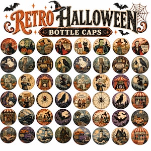 Bilder på retro Halloween-kapsylar, bildpaket med vintage-halloween-cirklar, läskiga kapsyldesigner, runda Halloween-png, digital nedladdning