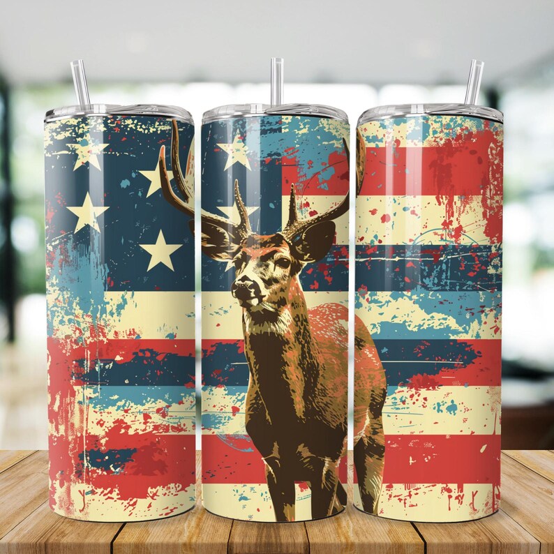 May include: Three stainless steel tumblers with a distressed American flag design and a deer silhouette. The flag is red, white, and blue with a faded, vintage look.