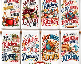 25 Kitchen Towel PNG Bundle,  Sarcastic Kitchen Sublimation Designs, Retro Cooking Quotes, Humorous Tea Towel PNG,Digital Download