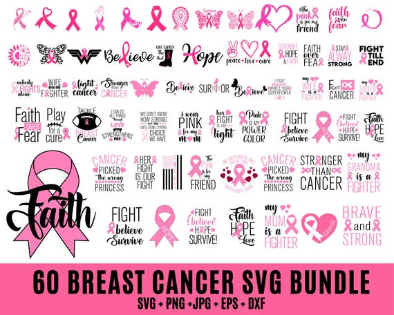 60 Breast Cancer SVG Bundle, Pink Awareness ribbon Svg,Cancer Awareness svg,  Fight Cancer Svg, Cancer Quote Svg,tackle cancer svg