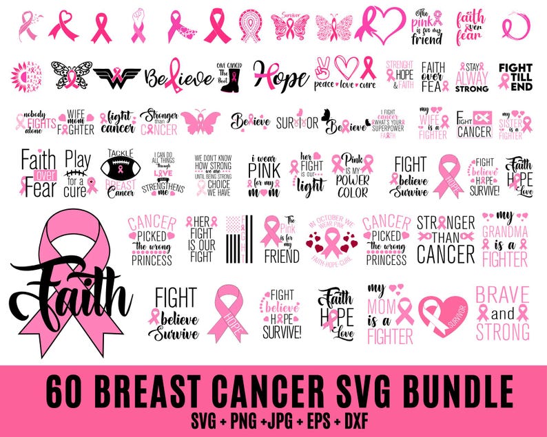 60 Breast Cancer SVG Bundle, Pink Awareness ribbon Svg,Cancer Awareness svg, Fight Cancer Svg, Cancer Quote Svg,tackle cancer svg image 1