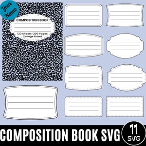 Puede incluir: Gráfico digital que presenta un diseño de cuaderno de composición con una cubierta con estampado de leopardo en blanco y negro. La imagen incluye varias plantillas de etiquetas blancas y el texto "COMPOSITION BOOK" y "120 Sheets-200 Pages College Ruled."