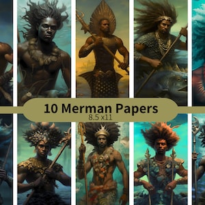 10 African American Merman Digital Papers 8.5 x 11 in. | Black Fairy Bundle | Fairycore| Fantasy Art | Digital Download