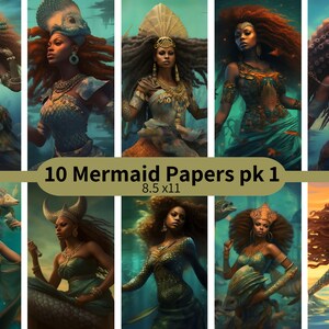10 African American Mermaid Digital Papers 8.5 x 11 in. pk 1 | Black Mermaid Bundle | Mermaidcore| Fantasy Art | Digital Download