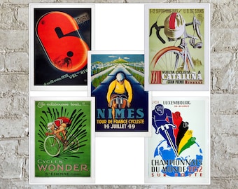 Cycling Poster Art Prints, Compete Set of 5 - Vintage Bicycle Posters