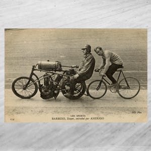 Vintage Cycling Postcard, French 1900s original, antique sports photo postal card, Amerigo driving for Barbizio, Stayer, ND Phot Les Sports
