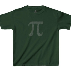 May include: A dark green t-shirt featuring a white pi symbol made of tiny dots.
