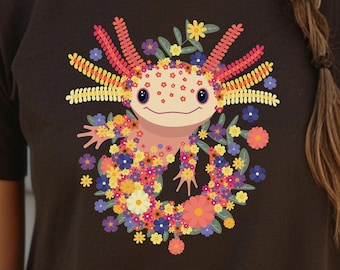 Floral Axolotl Shirt, Colorful Amphibian Flower Collage TShirt, Cute Botanical Biology Fashion, Artistic Nature Tee