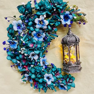 Arabian Nights Crescent Moon Light-up Blue Cornflower Wreath