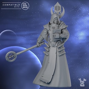 May include: A grey plastic miniature of a hooded figure holding a staff and a book. The figure is wearing a long robe with a skull symbol on the chest. The figure is standing in front of a blue and white starry background. The text "ONE PAGE RULES" is visible in the top right corner of the image.