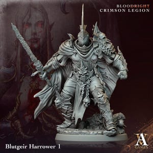 May include: A gray plastic miniature figure of a warrior wearing armor and holding a sword. The figure is standing on a base and has a dark background. The text "BLOODRIGHT CRIMSON LEGION" is at the top of the image and "Blutgeir Harrower 1" is at the bottom.