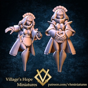 May include: Two 3D printed miniature figures of female characters wearing maid outfits and helmets. The figures are posed in different stances, one with arms crossed and the other with one arm raised. The figures are painted in a light gray color.