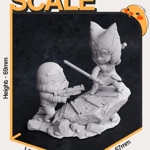 May include: A gray 3D printed model of a Star Wars character, a Stormtrooper, holding a blaster and facing a gray 3D printed model of a female character with a lightsaber. The models are on a gray 3D printed rock base. The model is 6.9 inches tall, 5.3 inches long, and 6.7 inches wide.