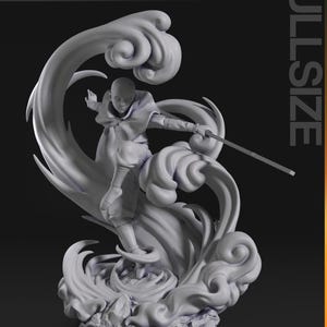 May include: A gray 3D printed figurine of a character standing on a swirling cloud base. The character is holding a sword and has a determined expression on their face. The figurine is part of a collection of 3D printed figures.