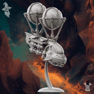 May include: A grey, steampunk-style airship model with two large, round balloons and a detailed engine. The airship is mounted on a stand and has a futuristic design.