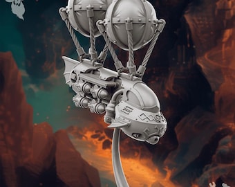 Op de afbeelding: Een grijs, steampunk-achtig luchtschipmodel met twee grote, ronde ballonnen en een gedetailleerde motor. Het luchtschip is gemonteerd op een standaard en heeft een futuristisch ontwerp.