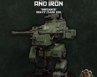 May include: A green, multi-part, 3D printable miniature of a heavy class rig called "Defiance" from the game "Of Oil and Iron". The rig has a large, armored body with two cannons and a smaller cannon on top. It has four legs and is standing on a circular base.