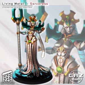 May include: A detailed miniature figure of a sorceress, part of the Living Metal series. The figure is predominantly silver and white, with accents of green and gold. It stands on a 40mm base and holds a staff. The figure is labeled "Living Metal - Sorceress".