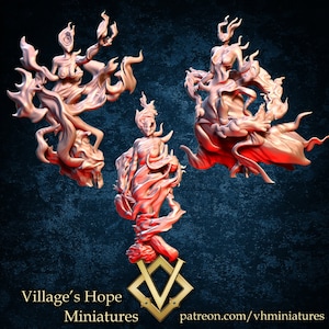 May include: Three 3D printed figurines of women made of a light pink resin. Each woman is posed in a different way, with their bodies contorted and twisted. They are all surrounded by flames, which are also made of resin. The figurines are set against a dark blue background.