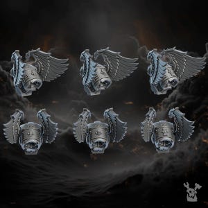 May include: Six grey plastic miniatures of winged, armored figures with a circular design on the chest. The figures are posed in a standing position with wings spread out.