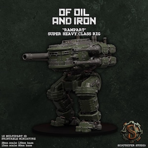May include: A green and brown 3D printed miniature of a super heavy class rig called "Rampart" from the game "Of Oil and Iron". The miniature is 130mm tall and comes with a 130mm base for 28mm scale gaming and an 80mm base for 15mm scale gaming.