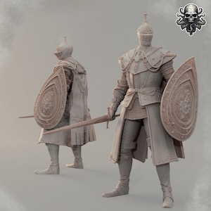 May include: Two detailed knight figures in full armor, each holding a sword and shield. The armor is intricately designed with embossed patterns. One figure faces forward, the other is in profile. The shields have a floral design. The color is a muted beige.