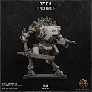 May include: A detailed miniature of a light rig robot, with the text "OF OIL AND IRON" at the top. The robot is primarily white and gray with brown and gold accents. The base is black, and the text "FLUX LIGHT RIG" is at the bottom.