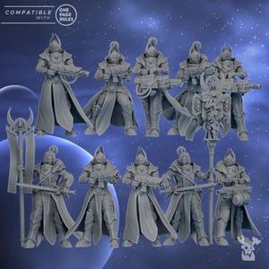 May include: A set of 10 grey plastic miniature figures of warriors wearing armor and cloaks, holding weapons and a banner. The figures are compatible with One Page Rules.