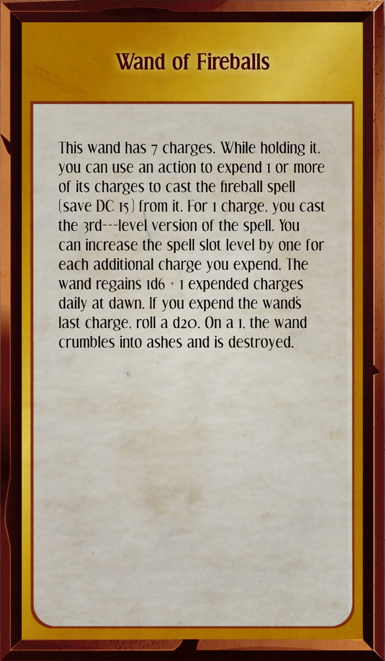 Puede incluir: Una carta de juego de rol de fantas&iacute;a con un marco de madera marr&oacute;n y un fondo beige. La carta presenta el t&iacute;tulo "Varita de bolas de fuego" y una descripci&oacute;n de las habilidades de la varita y c&oacute;mo usarla.