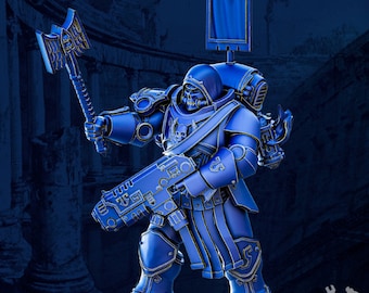 May include: A blue and gold space marine miniature figure holding a power axe and a bolt pistol. The figure is wearing a helmet and a hooded cloak. The figure is standing on a blue and gray background.