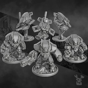 May include: A set of six gray, plastic miniature robots. The robots are in various poses and have different designs. Some robots have guns, while others have antennas. The robots are on circular bases.