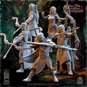 May include: A collection of detailed, unpainted miniature figures of archers, posed in action. The figures are dressed in fantasy attire, holding bows and arrows. The image includes the text "ONE SIN FOR SEVEN KINGDOMS" and the website address "WWW.ISIN7KINGDOMS.COM".