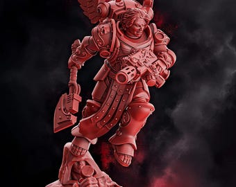 May include: A red plastic miniature figurine of a space marine with wings, holding a gun and an axe. The marine is standing on a base with a smaller figurine of a person holding a sword.