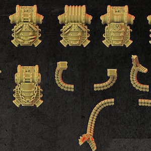 May include: A set of 10 gold-coloured metal parts for a model kit. The parts include six back packs, two small pipes, and two larger pipes.