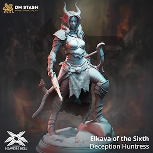May include: A detailed 3D-printed figurine of Elkava of the Sixth, a Deception Huntress. The figure is in a dynamic pose, wearing armor and holding a bow and a blade. The figurine has horns and is standing on a rocky base. The DM STASH and Beyond Heaven & Hell logos are visible.