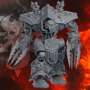 May include: A gray, detailed, articulated robot with a skull-like head and sharp blades for arms. The robot is covered in chains and skulls.