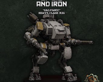 May include: A detailed, multipart 3D printable miniature of a heavy class rig, labeled "Galvanic" from "Of Oil and Iron." The model is primarily gray with yellow accents. The base is 100mm for 28mm scale and 60mm for 15mm scale. The ScoutSifer Studio logo is in the lower right.