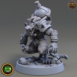 May include: A gray, detailed miniature of a rat-like creature with a bomb in each hand, wearing armor and carrying a large, round container on its back. The miniature is standing on a circular base with skulls and rocks.